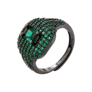 Macro view of adjustable square green gemstone ring with micro-paved emerald crystals
