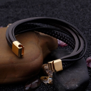 Multi-layer black leather bracelet for men with golden magnetic clasp on natural stone