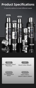 Detail of 316 stainless steel vacuum flasks showing various sizes and portable carry rope