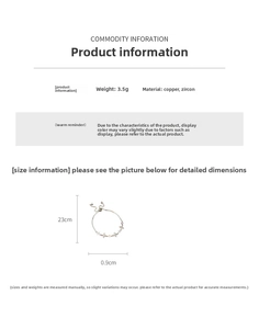 Detailed size chart for the zircon cross flower bracelet showing 23cm length and 0.9cm width