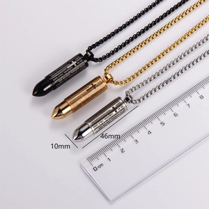 Men's stainless steel bullet pendant necklaces in black, gold, and silver, size 46x10mm