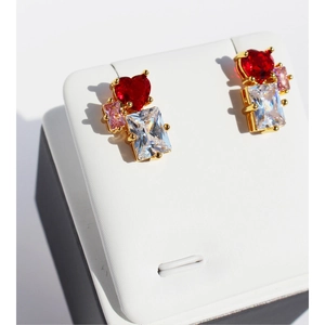 Elegant gold heart earrings with red and pink rectangular cubic zirconia crystals