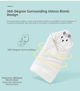 Detail of white infant swaddle blanket with 360-degree bionic wrap and bear hood design