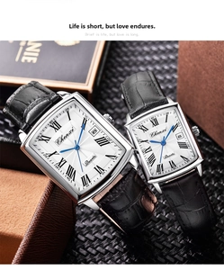 Detailed macro view of Chenxi couple watches with square white dials and roman numerals