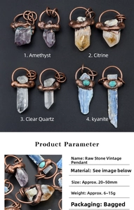 Macro view of natural crystal raw stone pendants with handcrafted copper wire wrapping