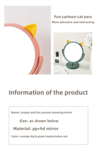 Detail of cartoon cat ear makeup mirror with rotating HD glass and durable PP frame