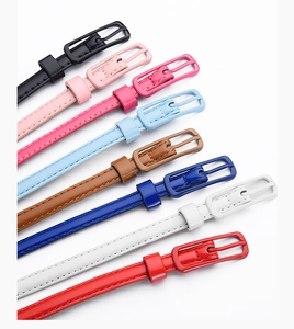 Top-down view of eight colorful slim waist belts in glossy finish with matching buckles