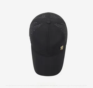 Detailed top view of breathable black baseball cap with laser-cut holes and NY logo