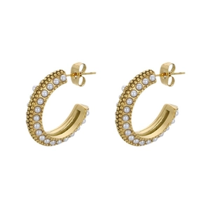 French vintage 18k gold plated C-shaped earrings with white pearls for women