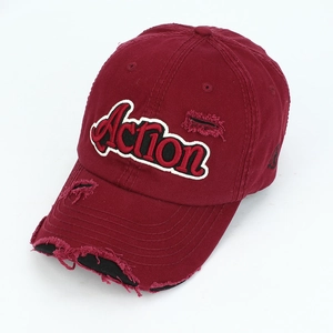 Vintage burgundy distressed baseball cap with Action embroidery and torn hole details