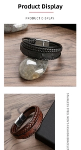 Macro detail of braided leather bracelets with stainless steel magnetic clasps