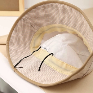 Beige woven sun hat with breathable lining and adjustable inner drawstring cord