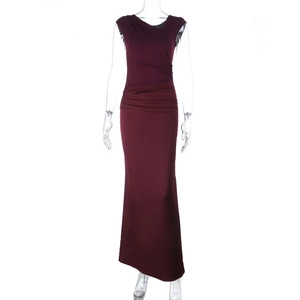 Detailed view of wine red evening gown featuring asymmetrical neck and ruching detail