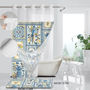 Detail of blue and yellow tile-patterned shower curtain with matching anti-slip bath mat