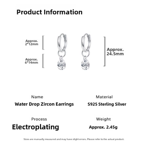 Detailed size specifications of s925 sterling silver teardrop zirconia drop earrings