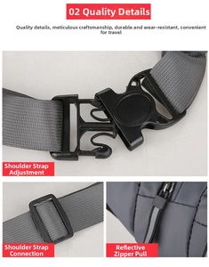 Detail of adjustable buckle and reinforced stitching with reflective zipper on gray bag