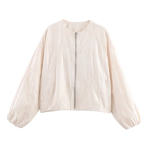 Women Embroidered Jacket Zip Up Round Neck Casual Floral Streetwear Polyester Outerwear Beige Long Sleeve Pocket
