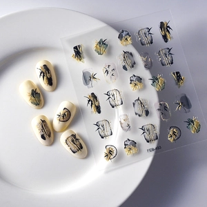 5D embossed nail stickers featuring traditional ink bamboo designs with gold accents