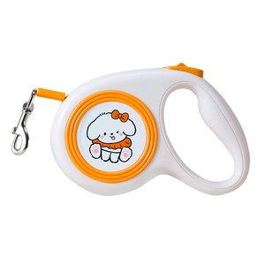 Automatische intrekbare hondenlijn met schattige puppy-illustratie en oranje knoppen