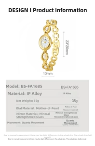 Detail view of oval gold watch with pearl strap and technical dimensions specification