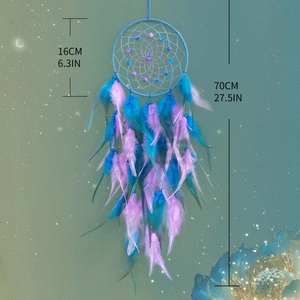 Blue and purple dream catcher with feathers and beads on starry background, 16cm diameter