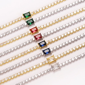 Detailed view of tennis bracelets featuring colorful rectangular gems and clear zircons.