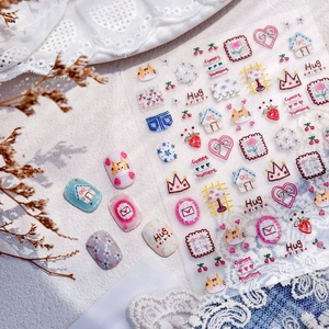 3D Embossed Nail Art Stickers Cute Cartoon Cat Strawberry Self Adhesive DIY Manicure Decoration Hand Drawn Style