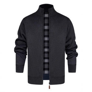 Men's dark grey knit cardigan sweater with zipper and classic plaid lining detail