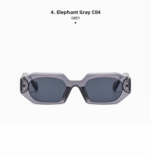 Front view of geometric elephant grey sunglasses with dark grey lenses and metal rivets