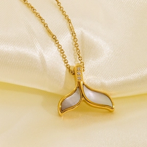 Minimalist 14K gold-plated titanium steel necklace with white shell dolphin tail pendant