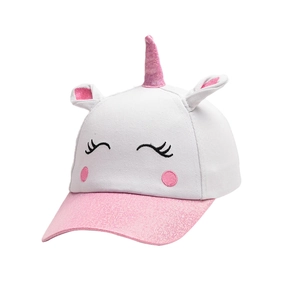 Close-up of kids unicorn baseball cap featuring pink sequin ears and glittery brim