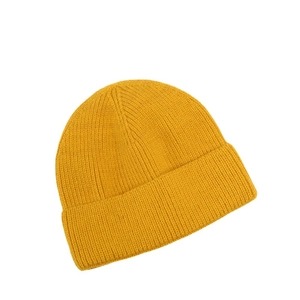Bright yellow ribbed knit beanie hat for winter warmth with foldable cuff design