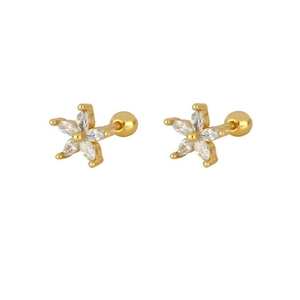 Elegant gold flower stud earrings with marquise zircon petals and screw back closure