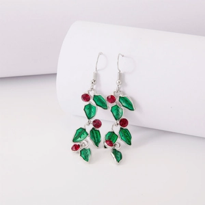 Christmas Holly Leaf Dangle Earrings Green Enamel Red Rhinestone Berry Alloy Holiday Festive Jewelry For Women
