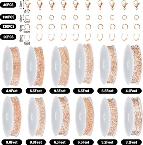 Rose gold jewelry making kit with various link chains, lobster clasps, and jump rings