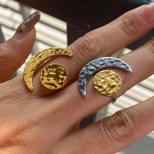 Minimalist Stainless Steel Sun Moon Adjustable Open Ring Hammered Texture Gold Silver Plated Jewelry For Women Daily Dating Gift