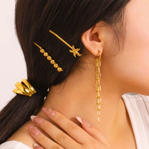 French style gold tassel earrings with starfish hairpins and metallic hair ring set