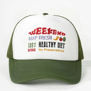 Weekend embroidery trucker hat with olive green mesh and colorful fruit graphics