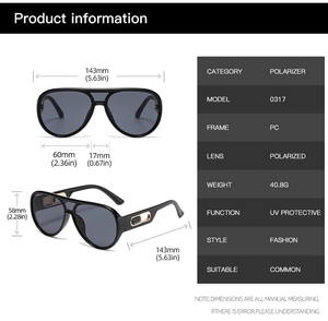 Detailed size chart and technical specifications for these stylish oversized polarized sunglasses