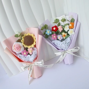 Detail of handmade crochet sunflower and rose bouquets with Just for you ribbons