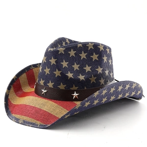 Chapeau de cow-boy en paille style drapeau américain avec étoiles, rayures et cuir