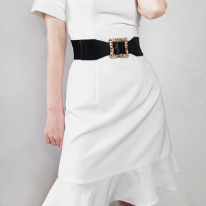 Elastic waist belt with a gold rhinestone square buckle on a white dress for women