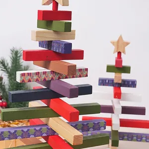 Rotating wooden Christmas tree desktop ornament with colorful stacked geometric blocks