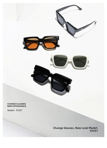 Detailed arrangement of square frame sunglasses with metal accents on geometric platform