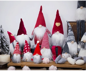 Detailed close-up of plush Christmas gnomes with knitted hats and faux fur beards