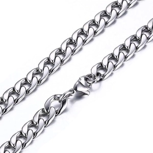 Silver stainless steel Cuban link chain necklace with polished finish and lobster clasp