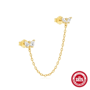 S925 sterling silver butterfly stud earrings with gold plating and sparkling zircon