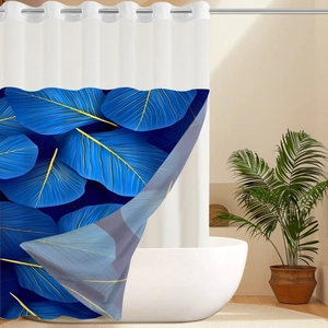 Deep blue waffle shower curtain with gold leaf veins pattern in a modern bathroom