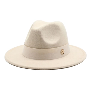 British Style Vintage Wide Brim Fedora Hat Felt Jazz Cap With Contrasting Ribbon Metal Logo For Women