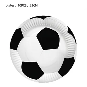 Detail of 10-piece football theme disposable paper plates with black and white hexagonal pattern
